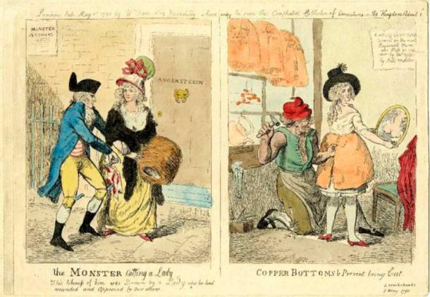 Isaac Cruikshank print from 1790 depicting the Monster of London on the left, and a lady getting a copper petticoat made at a brazier’s shop on the right. (British Museum / CC BY-NC-SA 4.0)