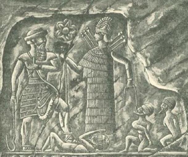 Ishtar/Inanna as a warrior presenting captives to the king. (Public Domain)