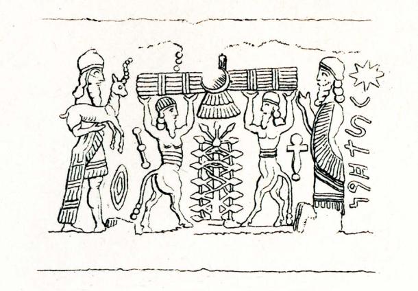 Assyrian cylinder seal - offering sacrifice (from Meyers Lexikon, 1895, 7/286-7) (Juulijs/Adobe Stock)