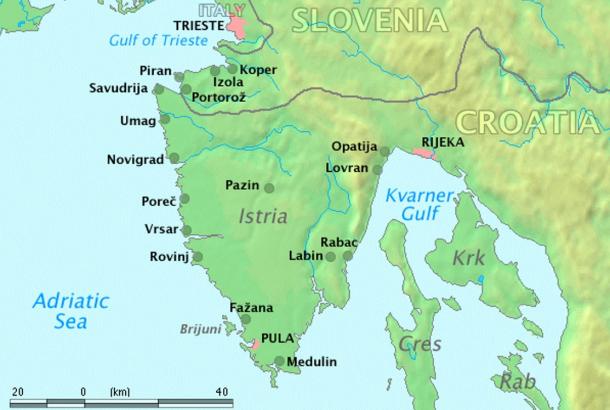 The Istrian peninsula, area of origin of the Histi pirates. Trieste, Italy is shown to the north. Istria is now shared by three countries: Croatia, Slovenia, and Italy. 