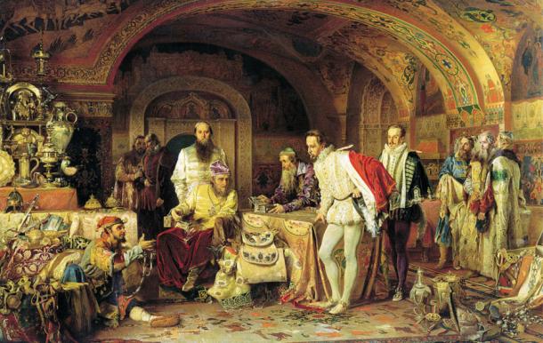 Ivan IV of Russia (Ivan the Terrible) demonstrates his treasures to the ambassador of Queen Elizabeth I. Painting by Alexander Litovchenko, 1874.