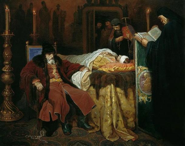 Ivan the Terrible near the body of his son Ivan Ivanovich, whom he murdered in a fit of rage. By Vyacheslav Schwarz.