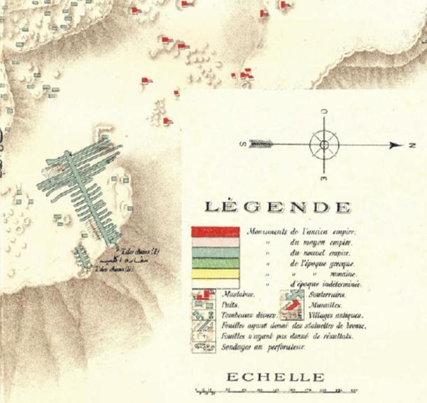 Detail, Jacques de Morgan’s map “Carte de la Nécropole Memphite” showing the two Dog Catacombs, “Tombe des chiens”, A and B (center left). The map dates them to the New Kingdom (1550 – 1069 BC).