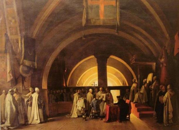 Ordination of Jacques de Molay in 1265 as a Knight Templar, at the Beaune commandery. Painting by Marius Granet (1777-1849) 