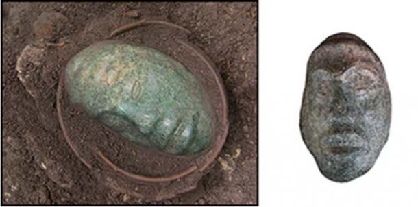 Jade head pendant weighing 5 pounds (2 kg) was found recently in Ucanal Guatemala. (Image: Left, Halperin, C et al; Right, Christina Halperin)