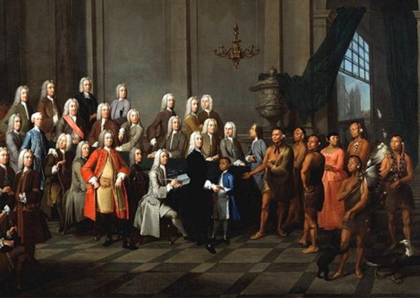 ‘James Oglethorpe presenting the Yamacraw Indians to the Georgia Trustees’, an event on July 3, 1734, one year after Oglethorpe landed to start the new colony. (Public Domain)