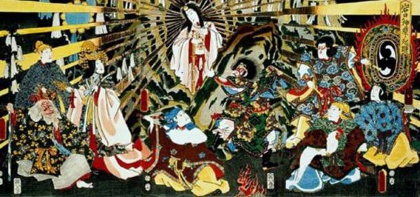 Japanese Sun goddess Amaterasu emerging from a cave. (Public Domain)