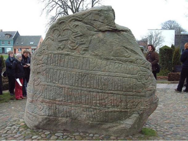 The larger Jelling stone, showing the inscription concerning Harald Bluetooth. 