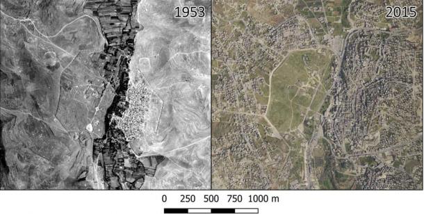 Urban expansion in and around Jerash is dramatic. Since 1953 much of the area around the city has been developed. Within the city walls, the eastern half of the city is nearly totally overbuilt. 
