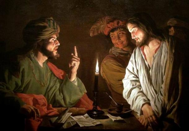 Jesus and the high priest Joseph Caiaphas (left). Painting circa 1630.