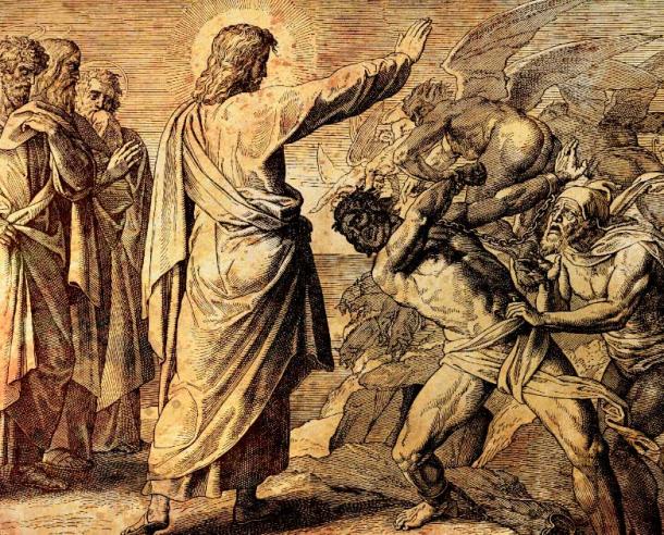 Jesus restores possessed man, graphic collage from engraving of Nazareene School, published in The Holy Bible, St.Vojtech Publishing, Trnava, Slovakia, 1937. Source: fluenta / Adobe Stock