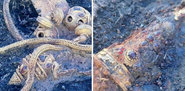 Jewel inlaid gold artifacts, right dagger hilt, in situ at the site. (Topolovgrad Municipality)
