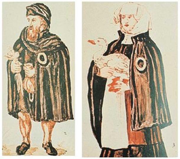 A Jewish couple from Worms, Germany, with the obligatory yellow badge on their clothes. The man holds a moneybag and bulbs of garlic, both often used in the portrayal of Jews. 16th century. (Public Domain)
