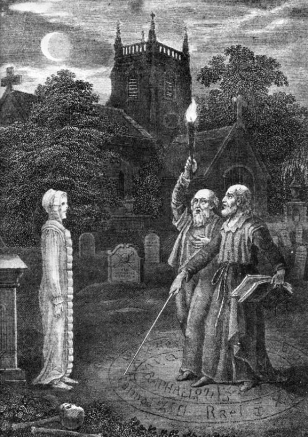 Les grimoires fournissaient souvent des techniques pour invoquer les morts, ainsi que pour invoquer des anges ou des démons. "John Dee et Edward Kelly évoquant un esprit"