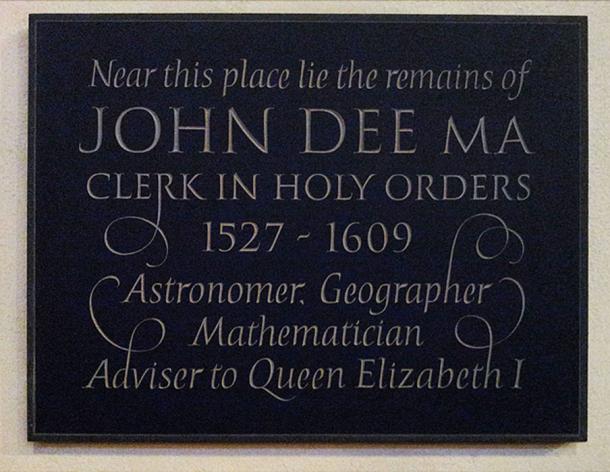 John Dee memorial plaque installed in 2013 inside the church of St Mary the Virgin Mortlake.