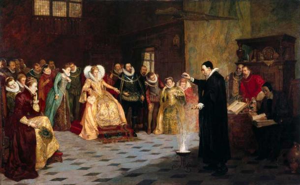 John Dee performing an experiment before Queen Elizabeth I, oil painting by Henry Gillard Glindoni. (Welcome Collection / CC BY-NC 4.0)