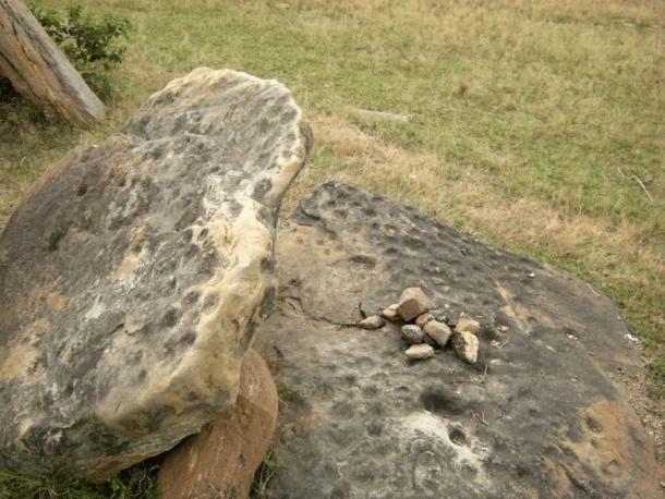 Junapani stones at the Napo megalithic site in Jharkhand, eastern India, which have been marked with cup marks or cupules. (Subhashis Das / Research Gate)