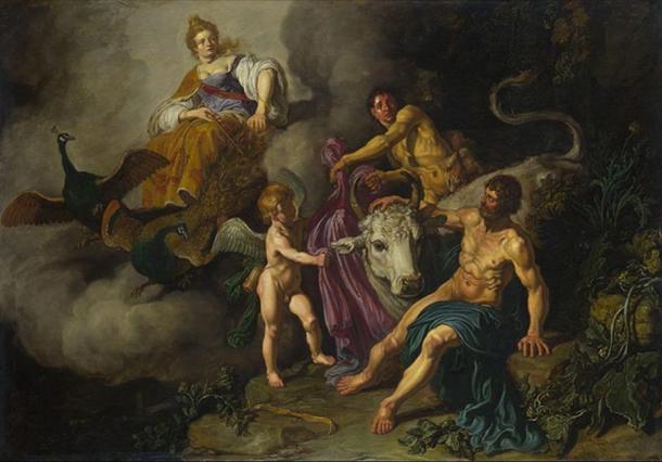 Juno (Hera) discovering Jupiter (Zeus) with Io. (1618) by Pieter Lastman.