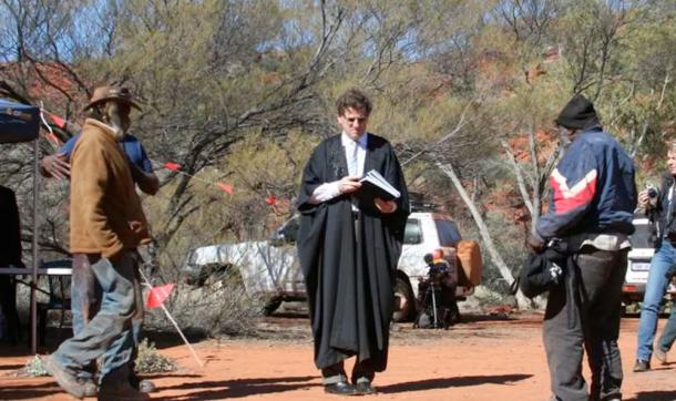 (Then) Justice Robert French at the Birriliburu Native Title determination in 2008 presenting senior custodians with a statement of the determination. Jo McDonald, Author provided