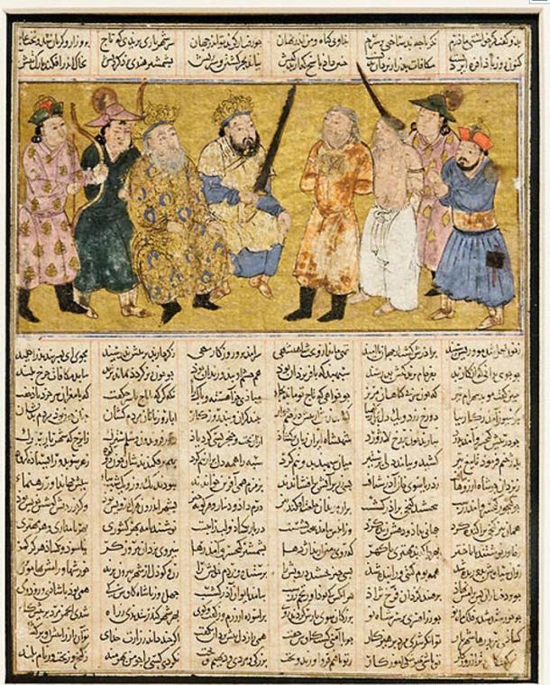 Kai Khorso enthroned holding the sword with which he would execute Afrasiyab for the murder of Siyavash.