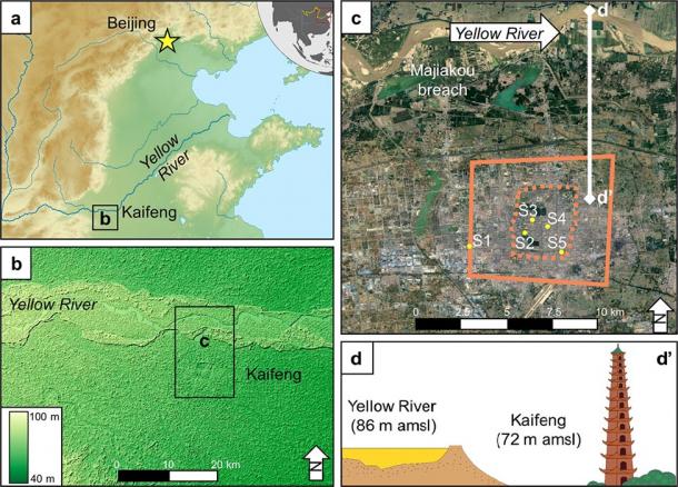 Kaifeng and the Yellow River. (a) Topography of the North China Plain. (b) Area around Kaifeng, showing the elevation of the Yellow River compared to Kaifeng. (c) City walls of Kaifeng (solid line - Song dynasty wall, dashed line - Ming/Qing dynasty) (d) The super elevated channel of the Yellow River hanging above Kaifeng, with the tallest building in medieval Kaifeng, the Iron Pagoda, for scale. (Storozum / Scientific Reports)