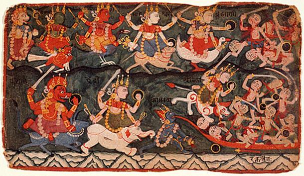 The goddess Ambika leading the eight Matrikas in battle against the demon Raktabija, folio from a Devi Mahatmya. (top row, from the left) the Matrikas: Narasimhi, Vaishnavi, Kumari, Maheshvari, Brahmi; (bottom row, from left) Varahi, Aindri, Chamunda or Kali (drinking the demon's blood).