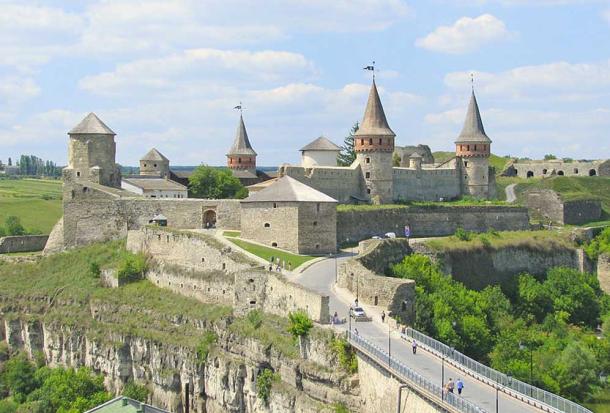 Seven of the Kamianets-Podilskyi castle's original twelve towers dominate over the surrounding Smotrych River canyon landscape.
