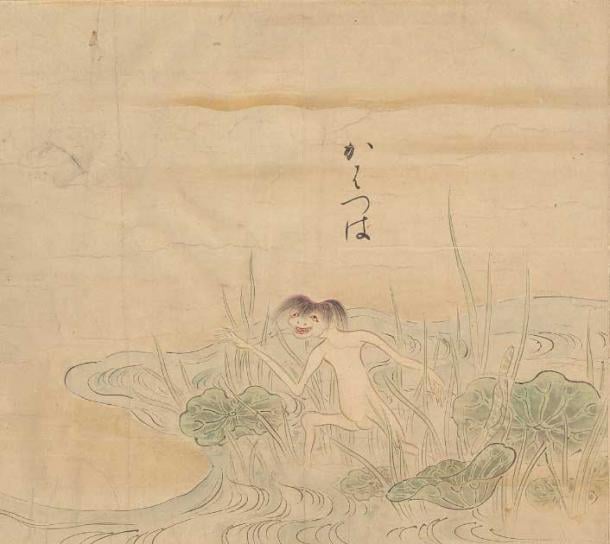 A Kappa water demon as shown in the “Bakemono no e” (meaning “Illustrations of Supernatural Creatures”), a Japanese handscroll depicting mythical creatures from circa 1700. (Brigham Young University / CC BY-SA 4.0)