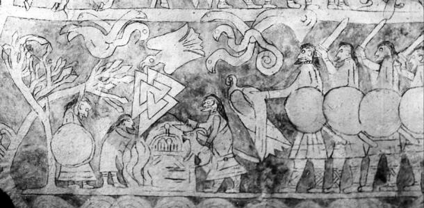 Dibujo de Karl Hauck, basado en un molde de látex del mismo panel. Nachlass Karl Hauck, Zentrum für Baltische und Skandinavische Archäologie, Slide, 67. (University of Chicago Press)