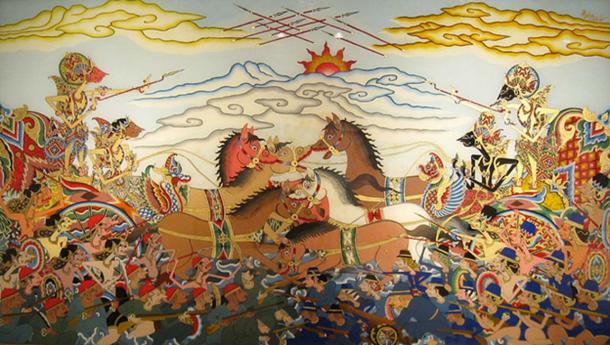 On the left, Karna with Salya as chariot driver versus Arjuna with Krishna on the right, Cirebon wayang glass painting, Java, Indonesia. (Gunawan Kartapranata/CC BY SA 3.0)