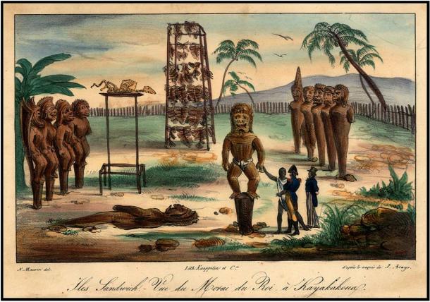 Kealakekua or Kailua-Kona drawn by Jacques Arago and by Maurin. A marvelous image of a ceremonial reception of French Naval Officers in Hawaii, from Jacques Arago's rare account of Freycinet's travels around the world from 1817 to 1820.