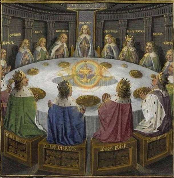 King Arthur's knights, gathered at the Round Table, see a vision of the Holy Grail.