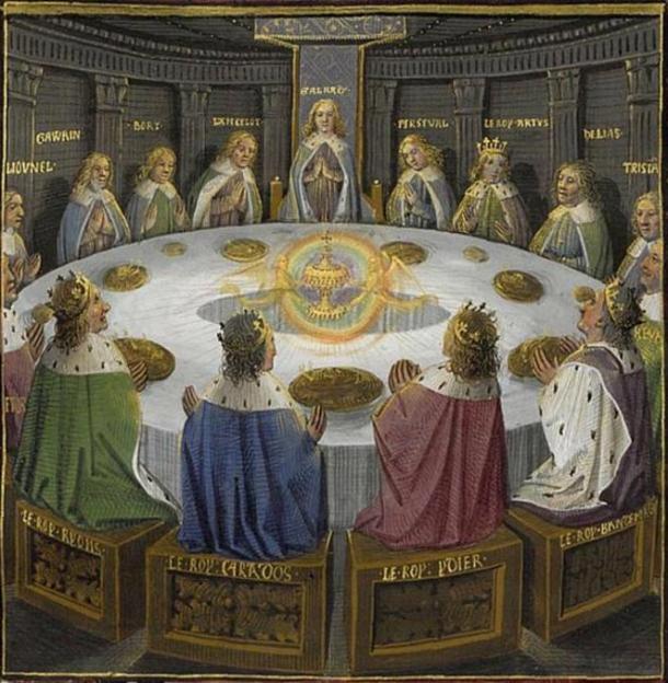 King Arthur's knights, gathered at the Round Table, see a vision of the Holy Grail.
