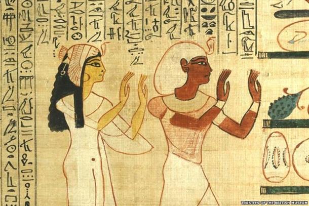 King Herihor, the erstwhile Theban High Priest, and Queen Nodjmet adore Osiris in the Afterlife. From the Book of the Dead papyrus of Nodjmet, c. 1050 BC. (Image courtesy of British Museum.)