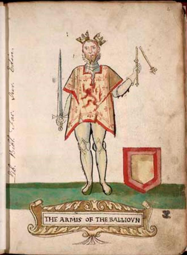 King John of Scotland - a puppet of Edward, his crown and scepter symbolically broken and with an empty coat of arms.