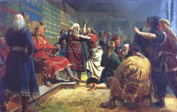 El rey Håkon el Bueno, que visitó el pueblo vikingo de Borgund durante su reinado, supervisando una disputa campesina en una pintura de Peter Nicolai Arbo. (Peter Nicolai Arbo / Dominio público)