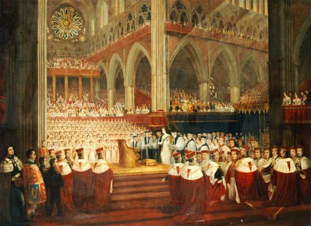 King Charles III’s coronation in 2023 will take place at Westminster Abbey just like the coronation of Queen Victoria, depicted here surrounded by Peers of the Realm in Westminster Abbey on 28 June 1838, as pained by Edmund Thomas Parris. (Edmund Thomas Parris / Public domain)