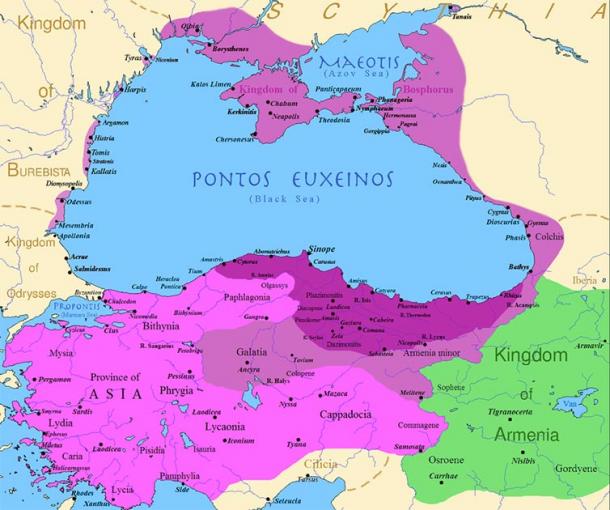 The Kingdom of Pontus at its height: before the reign of Mithridates VI (dark purple), after his early conquests (purple), and his conquests in the first Mithridatic wars (pink) (Public Domain)