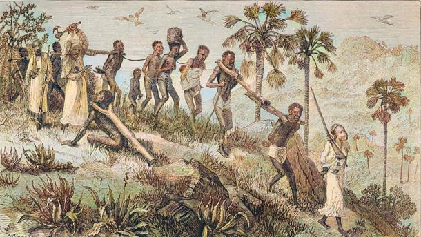 اعتمدت مملكة كونغو على تجارة الرقيق من أجل ثروتها.  صورة تمثيلية لتجار الرقيق الأفارقة الذين يسافرون إلى سوق العبيد.  (صور كتاب أرشيف الإنترنت / CC BY-SA 4.0)