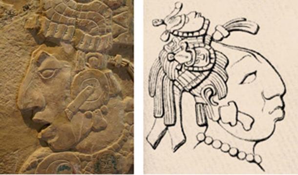 [Left] K'inich Kan B'alam II, at Palenque (Public Domain) [Right] Sak K'uk, grandmother of Kan Bahlam II, Called Lady Cormorant, Drawing by author's artist