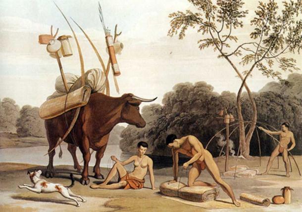 Korah-Khoikhoi dismantling their huts, preparing to move to new pastures. Aquatint by Samuel Daniell. 1805. (Public Domain)