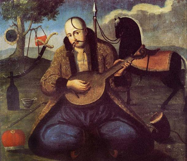 Kozak Mamay on an old Ukrainian painting, early 19th century. (Public Domain)