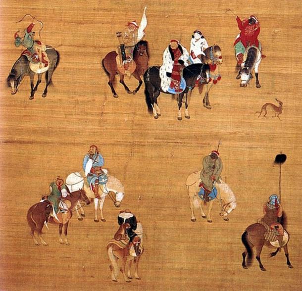 Painting of Kublai Khan on a hunting expedition, by Chinese court artist Liu Guandao, c. 1280. 