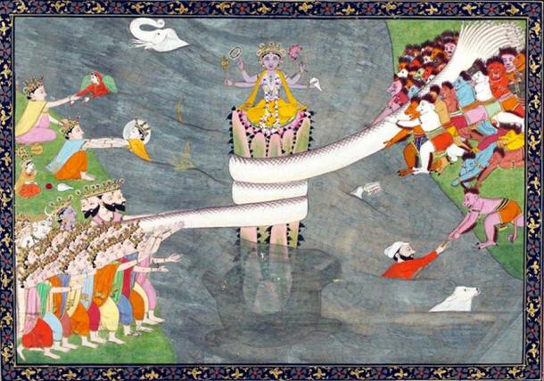 Kurma avatar of Vishnu, below Mount Mandara, with Vasuki wrapped around it, during Samudra manthan, the churning of the ocean of milk, ca 1870.