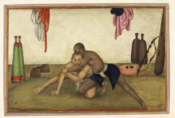 Two men Kushti wrestling from the Tashrih al-aqvam, an account of origins and occupations of some of the sects, castes and tribes of India. (Public domain)