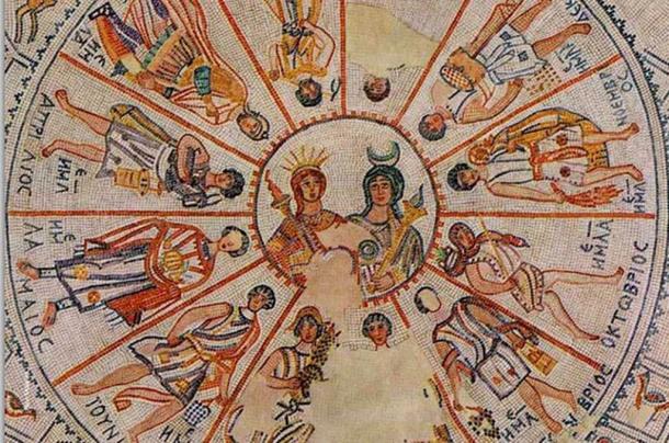Fig 9. The Lady Mary zodiac at Beit Shean, a sixth century monastery just south of the Sea of Galilee. The calendrical zodiac depicts Jesus and Mary at the center of the twelve constellations, which are marked here as disciple-months.