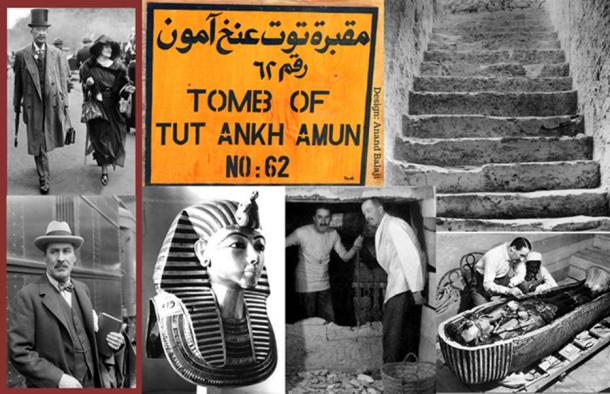  (Counter clockwise) Lady and Lord Carnarvon; Howard Carter; an early photo of Tutankhamun’s mask without the beard; Carter and Carnarvon at the opening of the sealed doorway to the burial chamber; Carter chips away the hardened black unguents from the innermost coffin of solid gold; the 16 steps that led to the Antechamber; and a signboard outside KV62 (Public Domain: Harry Burton. Griffith Institute, Oxford and Chris Brown).