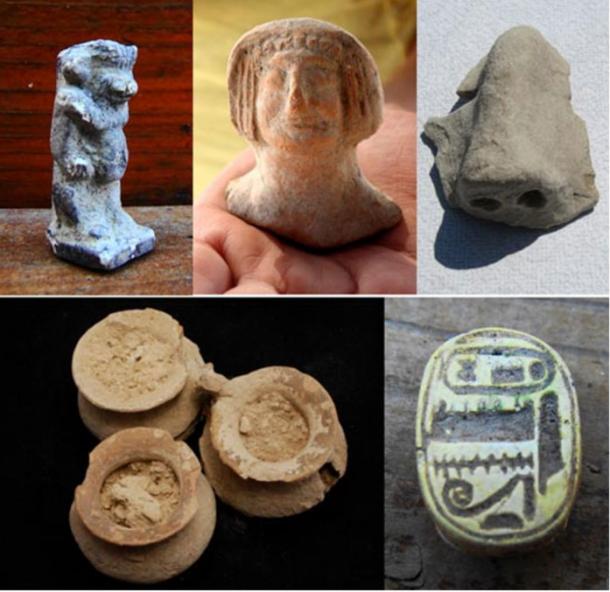 Images from left to right, top to bottom: Bes figurine, the ‘Lady of Burna’ figurine, nose from a mask, unique triplet vessels connected to each other, Egyptian scarab. 
