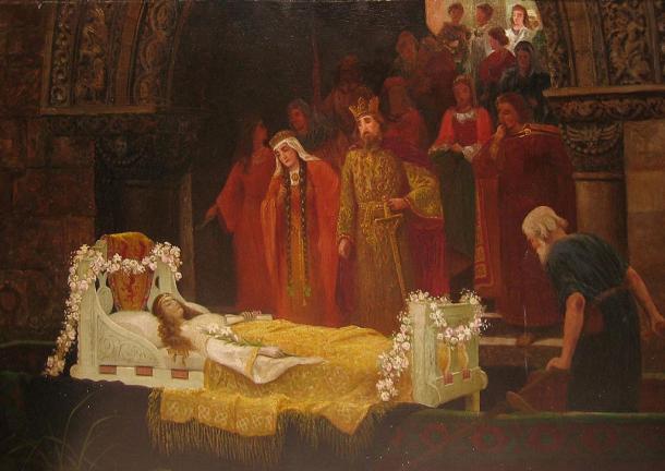 The Lady of Shalott reaches Camelot after being taken from the river, now deceased.