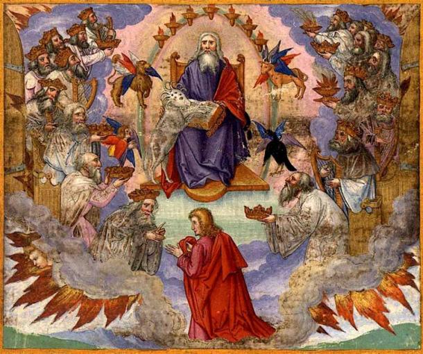 The Lamb opening the book/scroll with seven seals. The first four seals summon the Four Horsemen of the Apocalypse. (Public domain)